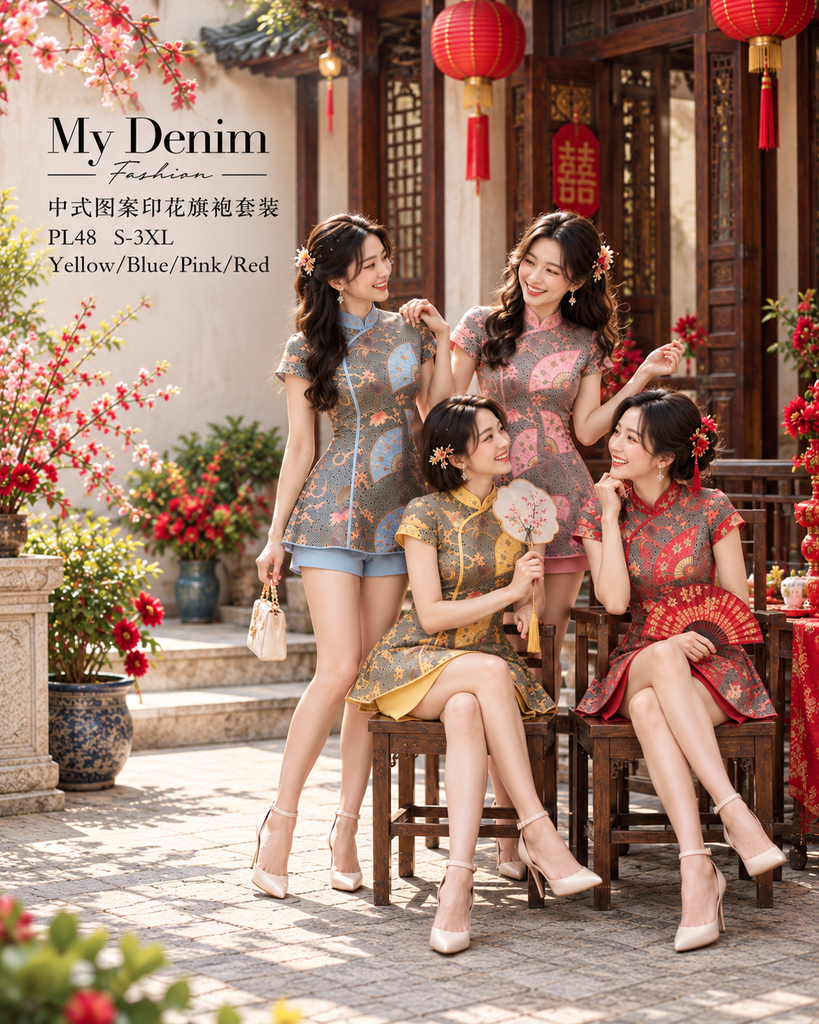 (Presale)Geometric Print Torso Cheongsam Set (预售)中式图案印花旗袍套装(ME) PL48