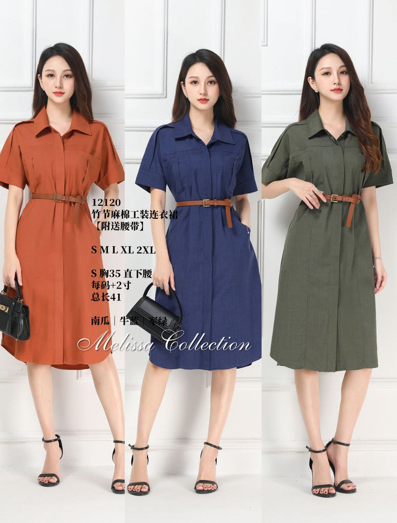 Premium Linen Cotton OL Dress 竹节麻棉工装连衣裙 (ME.4) 12120