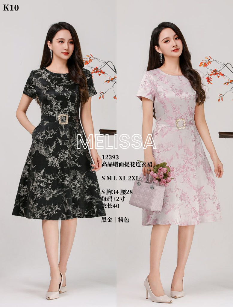 Premium Satin Floral OL Dress 高品缎面提花圆领连衣裙 (ME.5) 12393