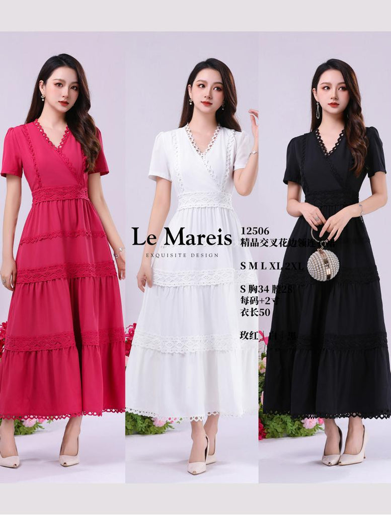 Premium Cotton V Neck OL Dress 精品交叉花边领OL连衣裙 (LMME.7) 12506