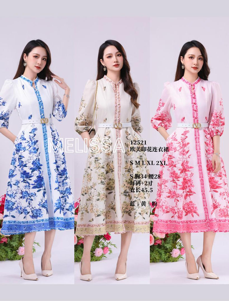 Premium Floral Print OL Dress 高品欧美印花中长袖OL连衣裙 (ME.4) 12521