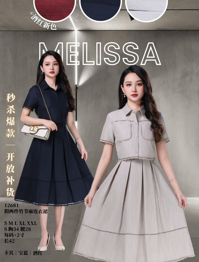 (Preorder)Premium Faux 2 Pieces OL Dress (预购)高品质假2件竹节麻连衣裙 (ME) 12681-2