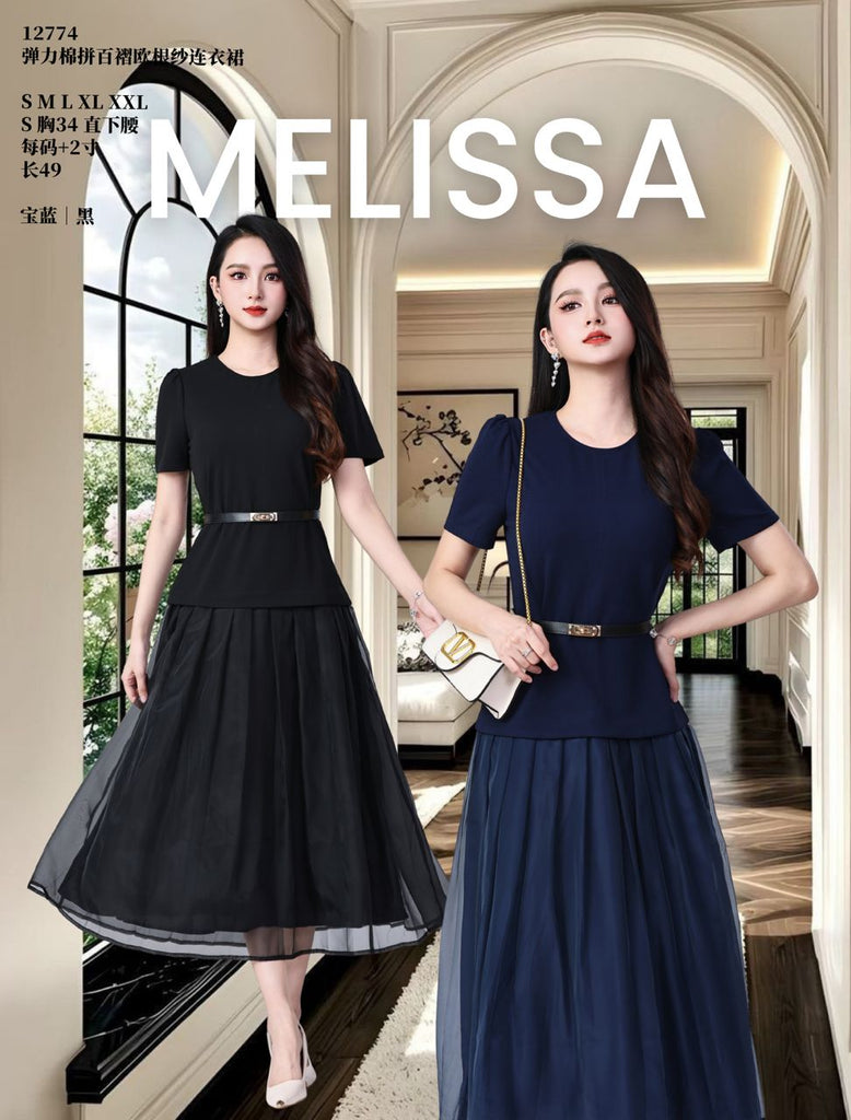 Stretchable Cotton Pleated Organza Dress 力棉拼百褶欧根纱连身裙(SS@ME) 12774-1