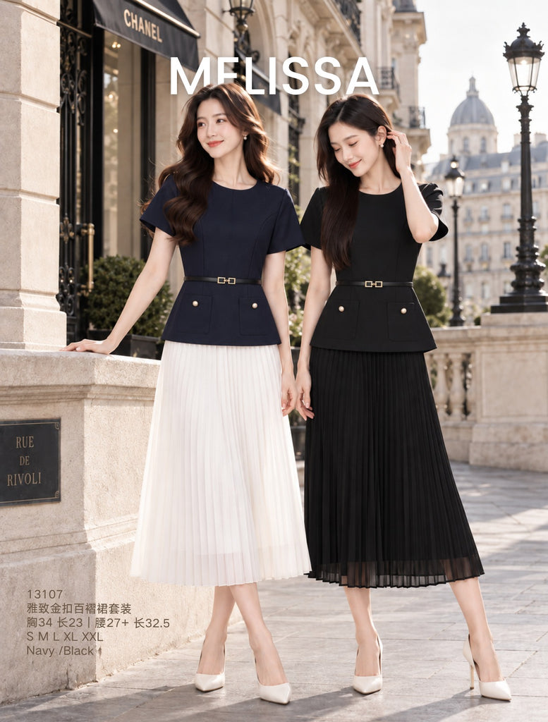 Premium Elegant Pleated Skirt Set with Gold Buttons 雅致金扣百褶裙套装(ME.7)13107