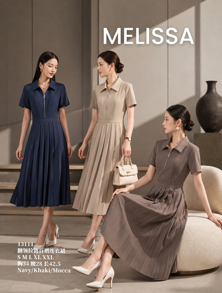 Premium Polo-Collar Zip-Up Pleated Dress 翻领拉链百褶连衣裙 (ME.9) 13111