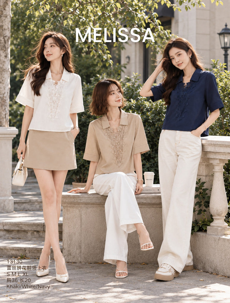 Premium Lace Patchwork Turn-Down Collar Top 蕾丝拼花翻领上衣 (ME.6)13130