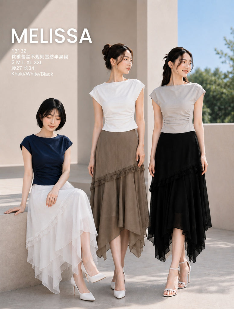 Premium Elegant Asymmetric Lace Chiffon Skirt 优雅蕾丝不规则雪纺半身裙(ME.7)13132