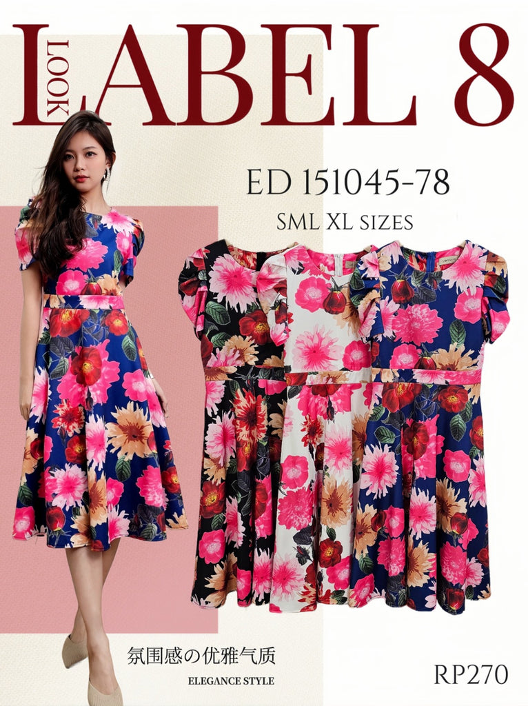 *Premium Floral Print OL Dress 高品涤纶印花圆领短袖OL连衣裙 (LA) ED151045