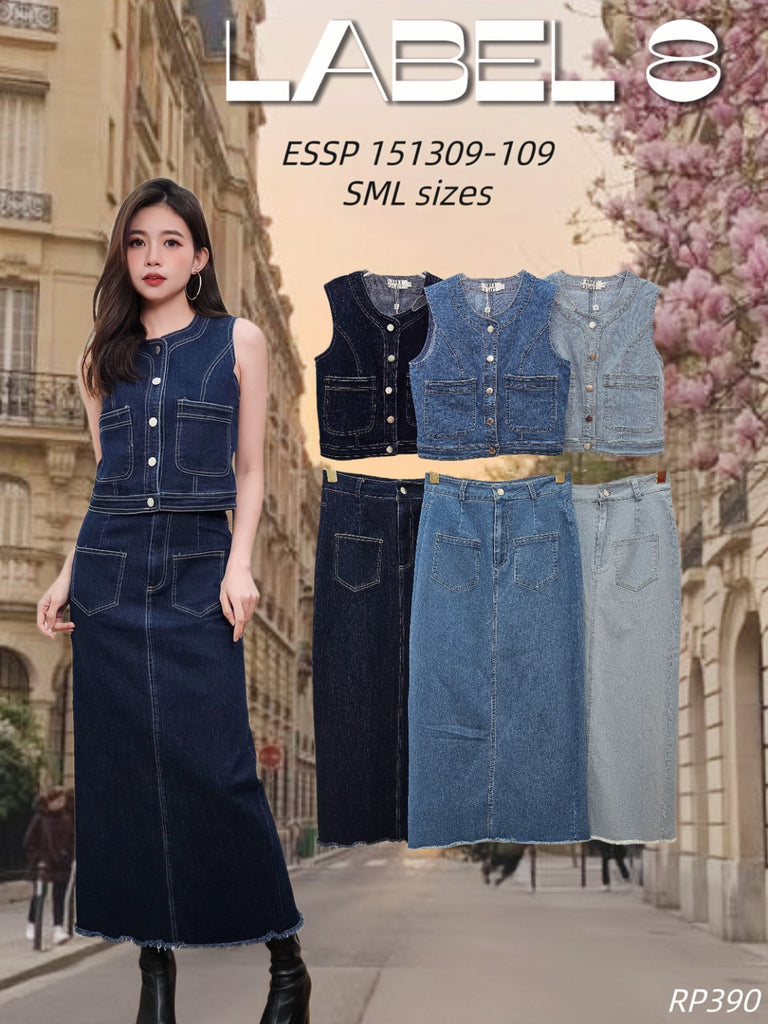 Premium Denim Long Skirts Set Wear 高品休闲百搭牛仔无袖圆领长裙套装 (LA.3) ESSP151309