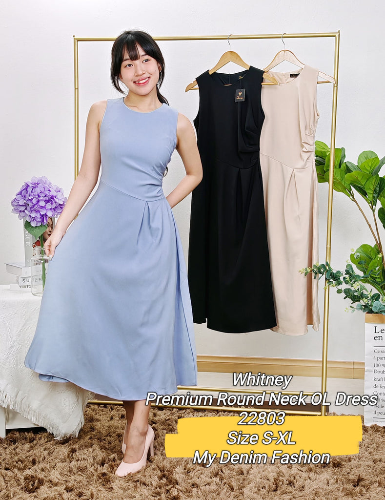 Premium Sleeveless Round Neck OL Dress 高品爆款显瘦气质褶皱OL连衣裙 (WH.4) 22803