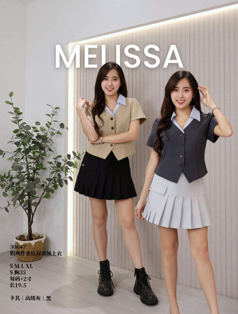 Faux Two-Piece Striped Shirt Collar Top 假两件条纹衬衫领上衣 (ME.4) 30647