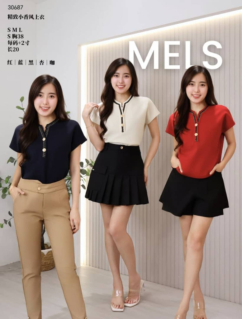 Premium Contrasting Trim Cotton Top 休闲风小香风百搭上衣(ME.11) 30687-2