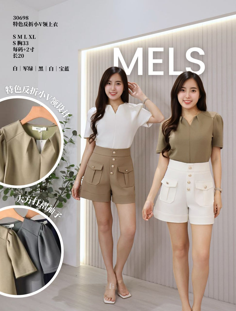 (Preorder) Pleated V-Neck Short Sleeve Blouse  (预购) 特色反折小V领上衣(ME) 30698