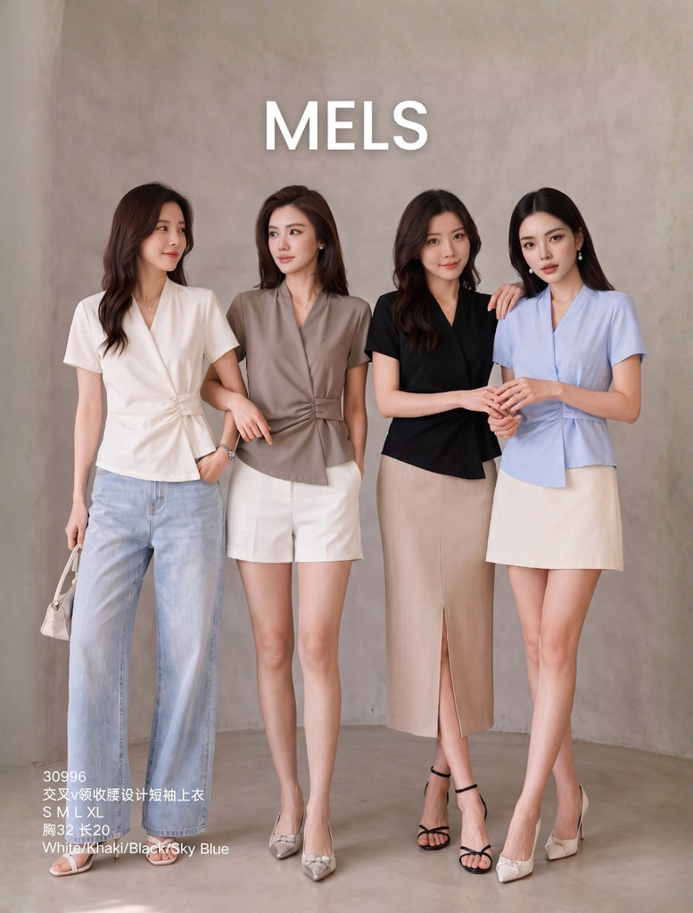Premium Cross V-Neck Cinch-Waist Top交叉V领收腰设计短袖上衣(ME.7)30996