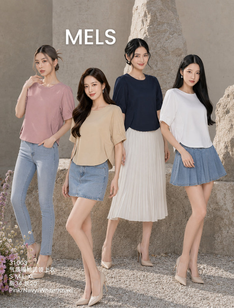 Premium Elegant Pleated-Sleeve Crewneck Top 气质褶袖圆领上衣 (ME.8)31003