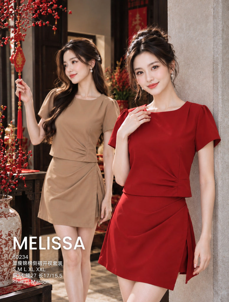 Premium Nylon-Cotton Ruched Skirt Set 显瘦锦棉侧褶开叉套装  (ME.7)60234