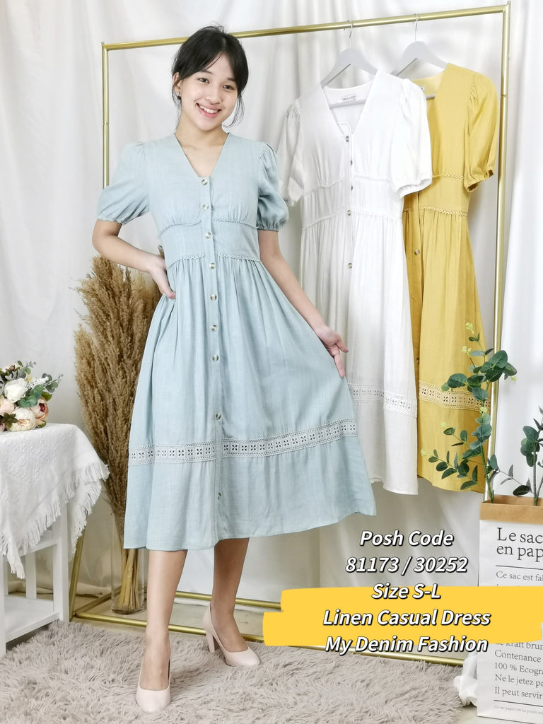 Premium Linen Casual Dress优雅软麻V领连身裙 (PC.3) 81173