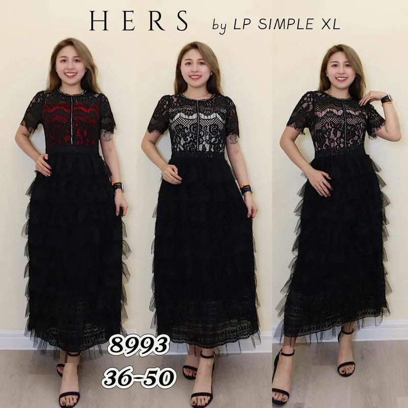 Premium Plus Size Layered Lace Dinner Dress 高品大码短袖蕾丝蛋糕长裙 (LP) T-WY8993