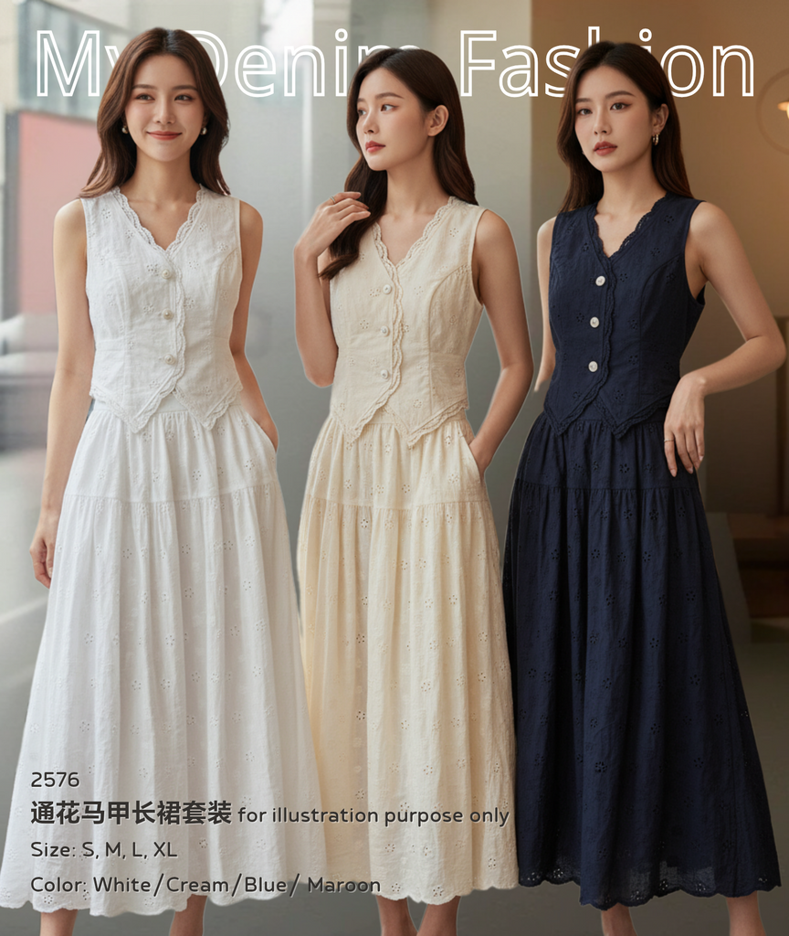 Premium Cotton Eyelet Vest & Skirt Set 高品通花马甲长裙套装 (CH) 2576