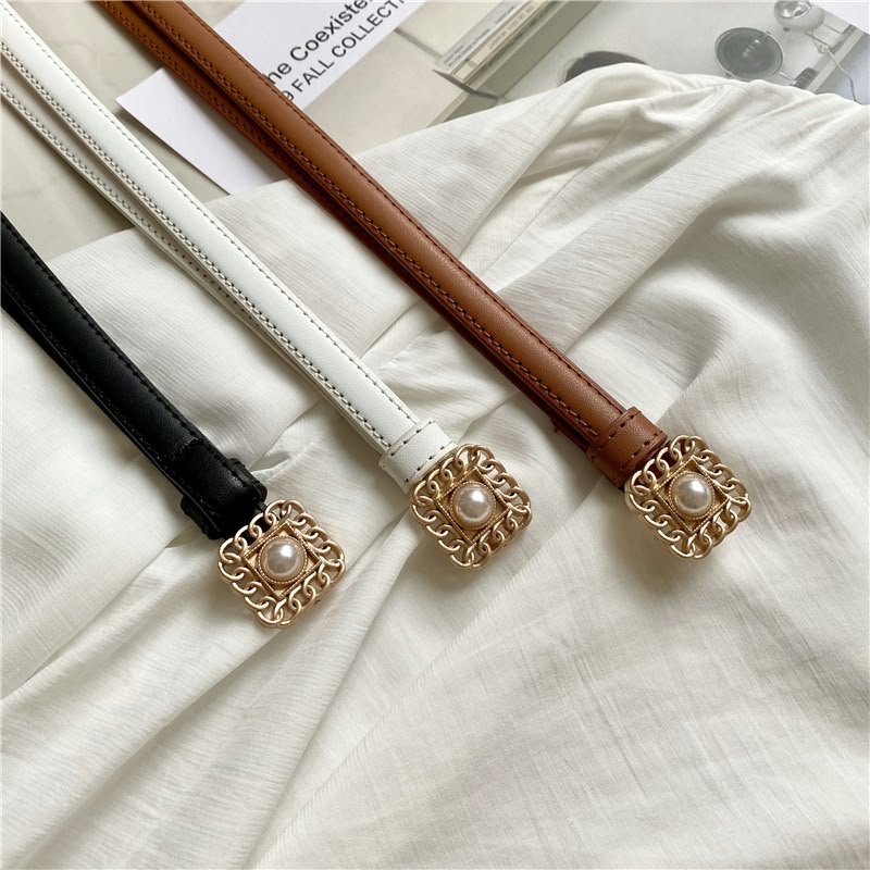 Fashion Square Pearl Buckle 法式复古方形珍珠扣细皮带 BE055