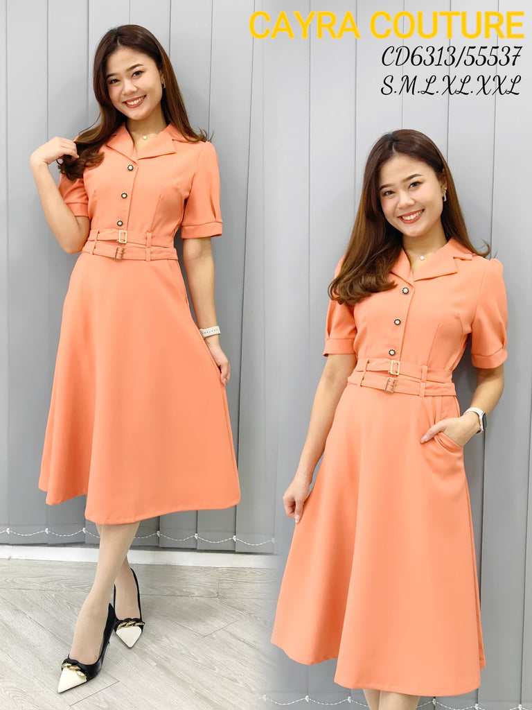 Premium Collared V Neck OL Dress 高品涤纶翻V领纯色OL连身裙 (CR.) CD6313/55537