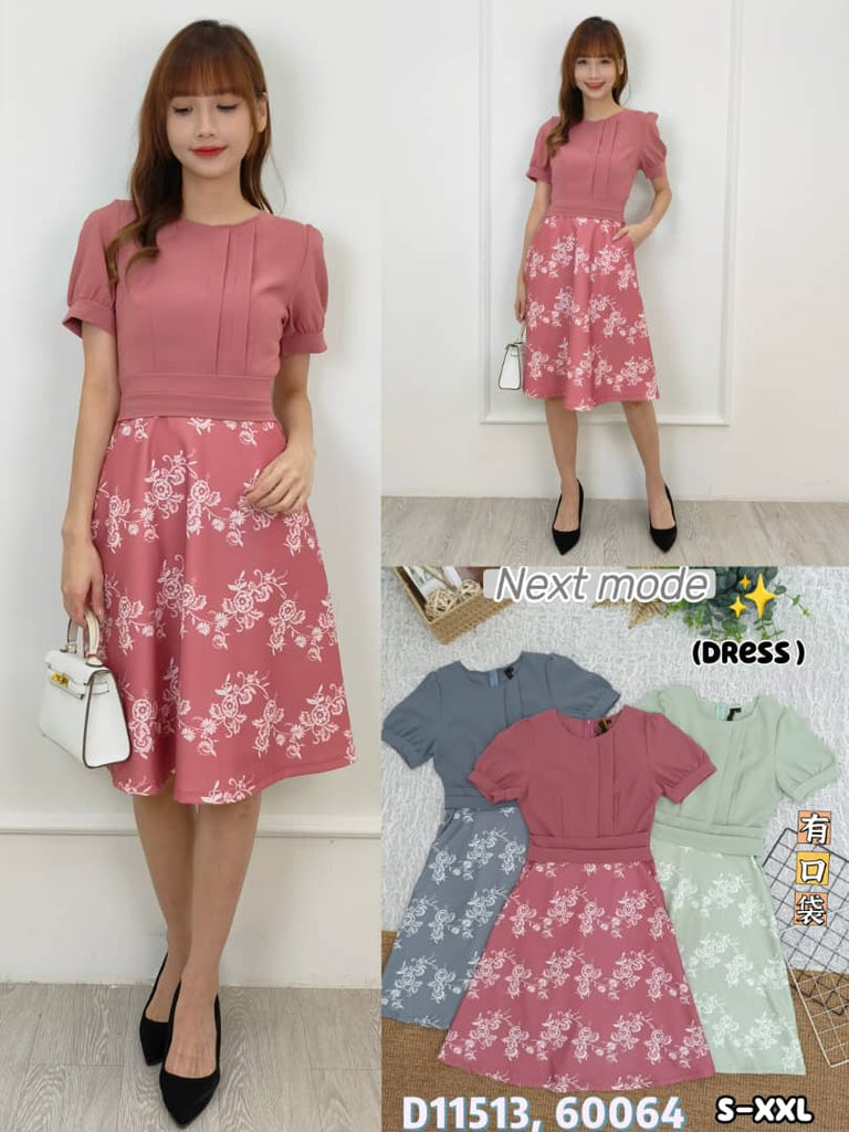 Premium Floral Round Neck OL Dress 高品涤纶圆领印花OL连身裙 (NM) D11513/60064