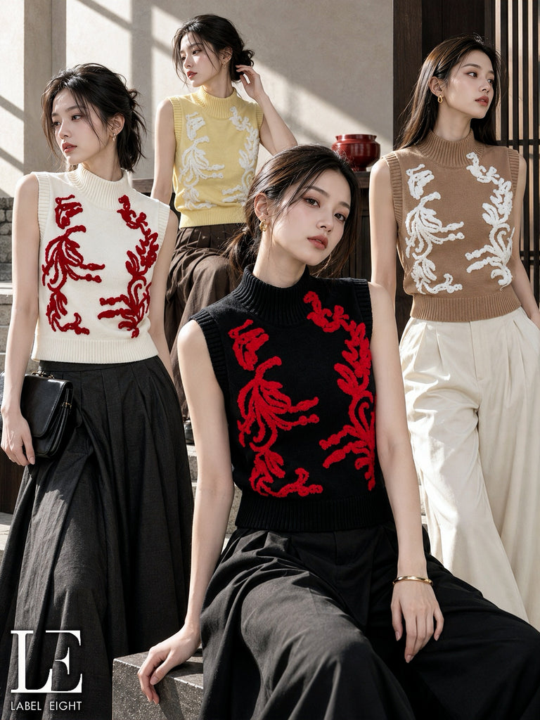 Premium Embroidered High-Neck Knit Vest 复古立体绣花高领针织马甲 (L8.5)ET39005
