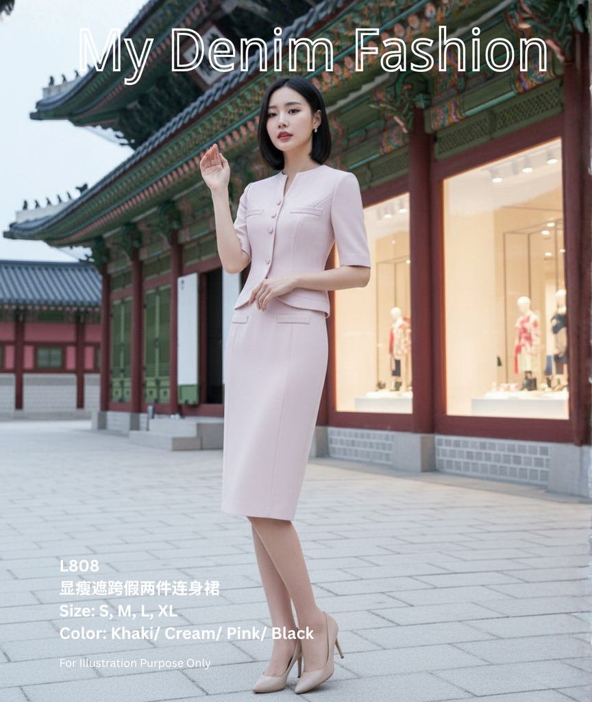 (Presale) Stylish Faux Two-Piece OL Dress(预售)显瘦遮跨假两件连身裙 (L8) L808