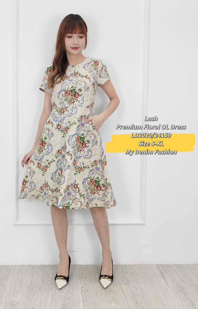 Premium Linen Floral Print OL Dress 高品麻布圆领印花OL连衣裙 (LH.5) LD2020/24159