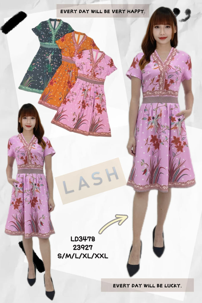 Premium Floral Print OL Dress 高品涤纶印花V领短袖OL连衣裙 (LH.4) LD3478/23927