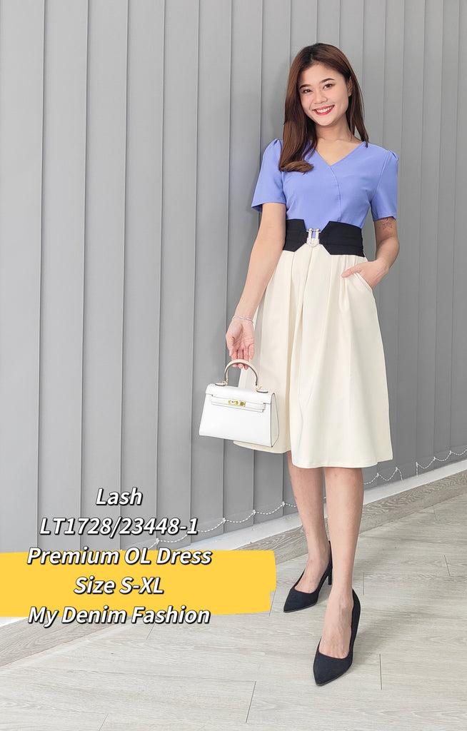 Premium OL Dress 高雅仿钻V领拼色连身裙 (LH.4) LT1728/23448-2