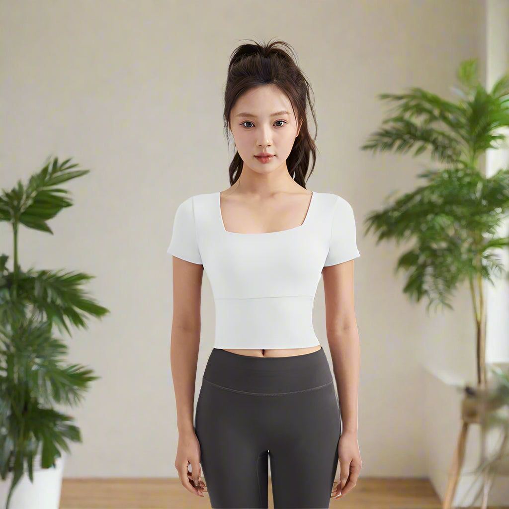 #MFB Premium Yoga Top with Built-in Bra 高品方领短袖带胸垫瑜伽上衣 (Preorder) FT010-1