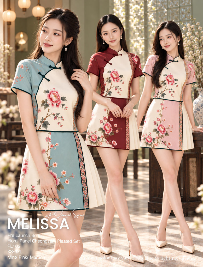 (Presale)CNY Floral Print Panel Pleated Set Wear (预售) 新春印花旗袍裤裙套装 (ME) PL102