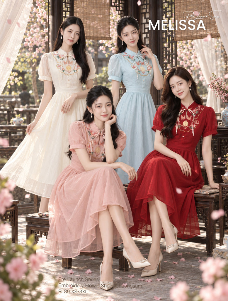 (Presale)Premium Embroidered Flowie Sheer Cheongsam(预售)刺绣雪纺旗袍连身裙 (ME)PL89