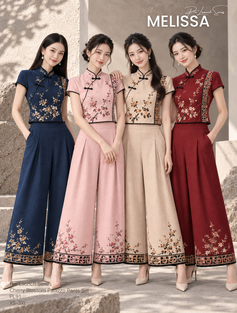 (Presale)Premium Cherry Blossom Palazzo Pants Set(预售)巴迪印花长裤旗袍套装 (ME)PL91