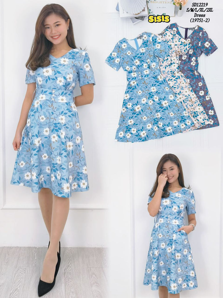 (Promo Price) Premium Floral Print OL Dress 高品短袖印花V领OL连衣裙 (BV) SD12219/19751-2