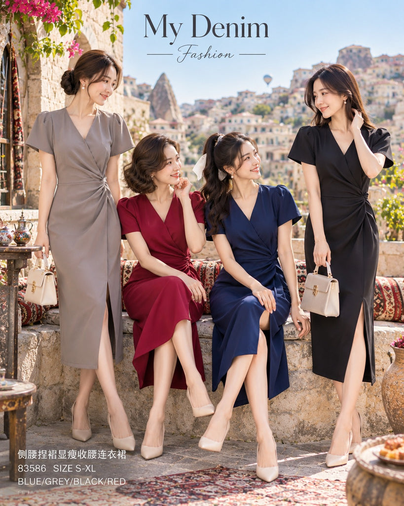 Premium Side-Ruched Twist Midi Dress  侧腰捏褶显瘦收腰连衣裙 (SEVEN.6)83586