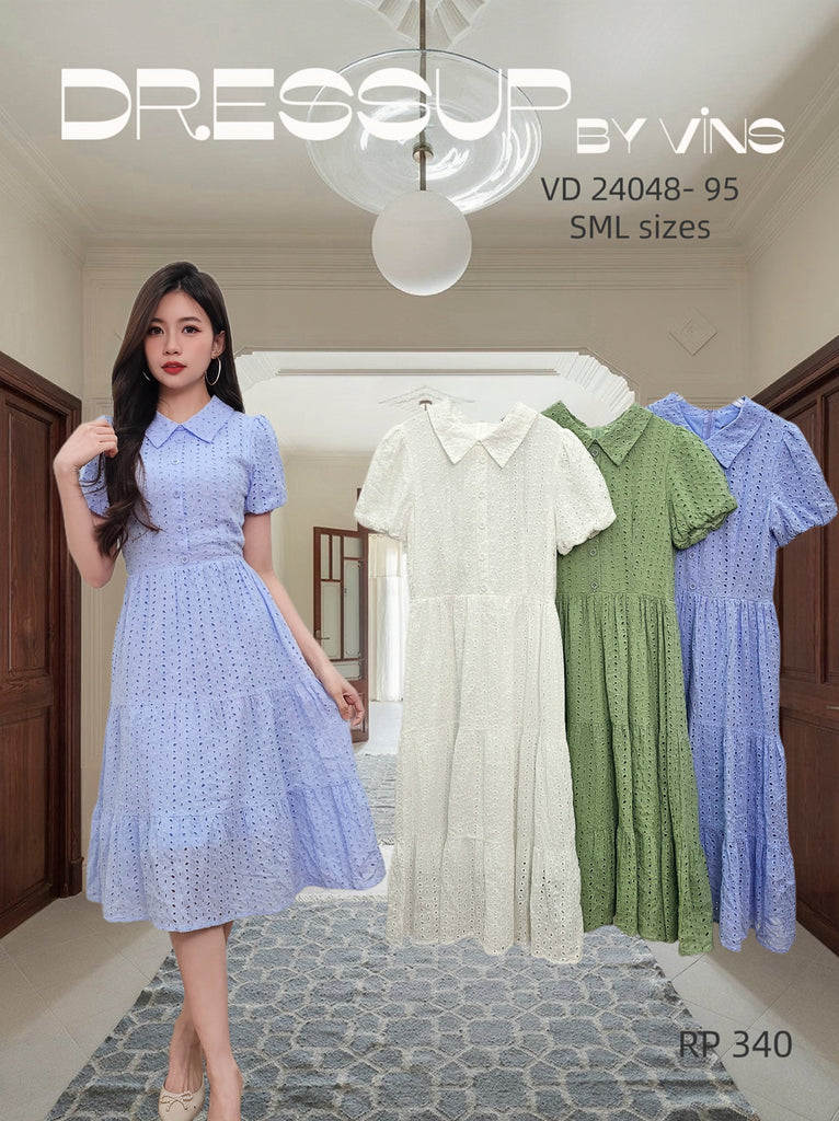 Premium Cotton Eyelet OL Dress 高品翻V领短袖棉质镂空OL连衣裙 (DR.4) VD24048