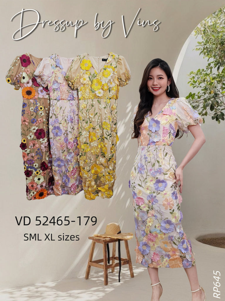 Premium Mesh 3D Floral Embroidery Dress 高品V领短袖网纱立体刺绣花连衣裙 (DR.2) VD52465