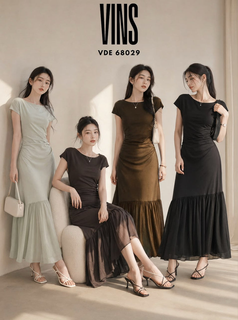 Premium French Vintage Boat-Neck Dress法式复古字领收腰鱼尾裙 (VINS.3)VDE68029