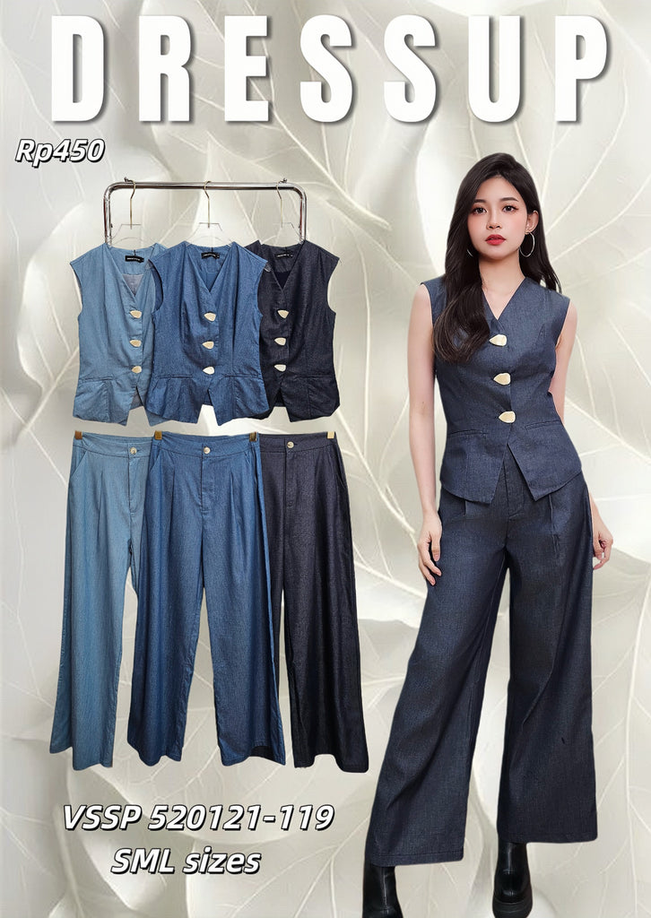 Premium Denim Vest Set with Wide-Leg Trousers 爆款高品牛仔套装 (DR.4) VSSP520121