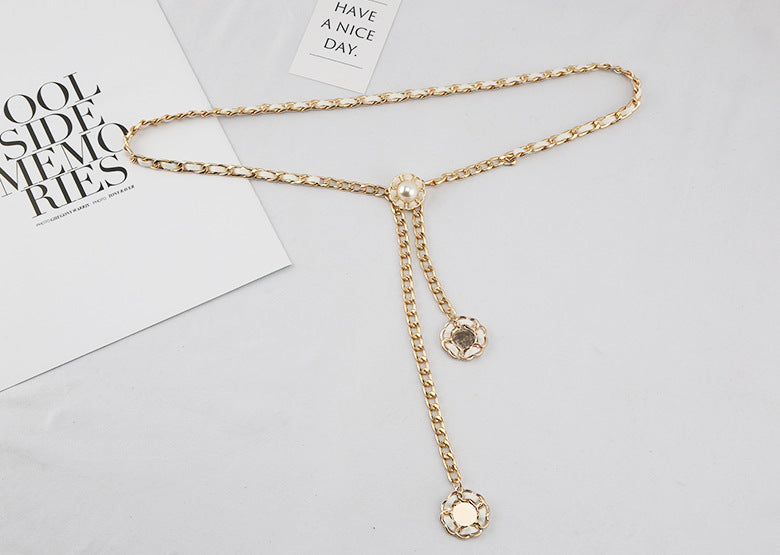Fashion Style Lady Pearl Leather Belt 欧美ins潮金属皮带细腰带 BE044