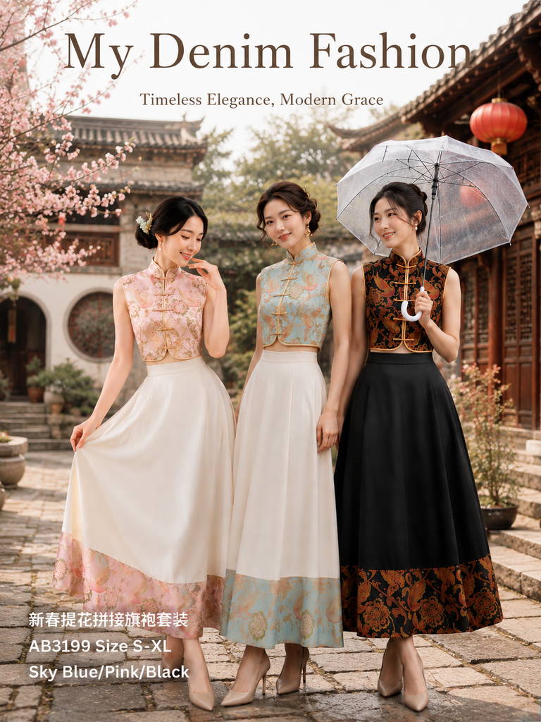 (Presale) New Year Panelled Cheongsam Set(预售)新春提花拼接旗袍套装 (AB)AB3199