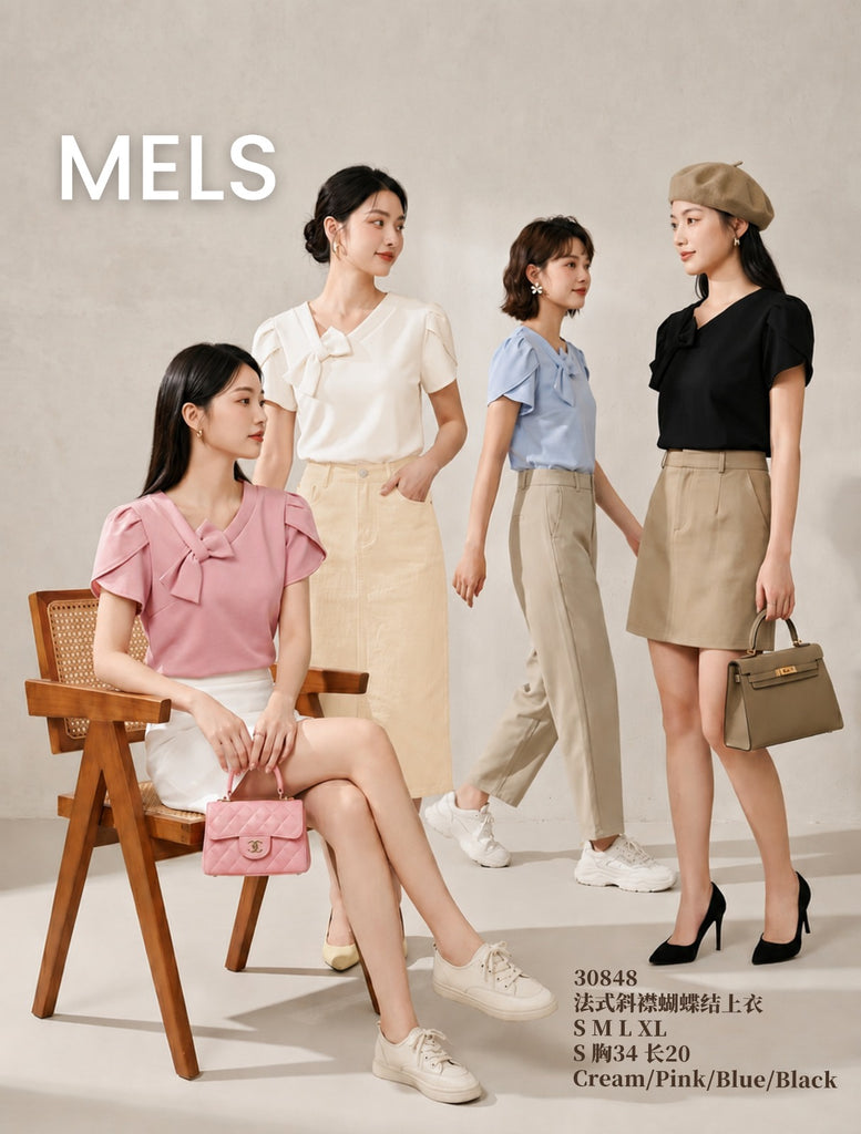 Premium Asymmetric Bow Blouse 法式斜领蝴蝶结上衣 (ME) 30848