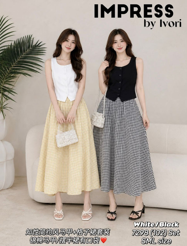 (Preorder) Checker Casual Set (预购)知性马甲格纹裙子套装 (IV) 7298