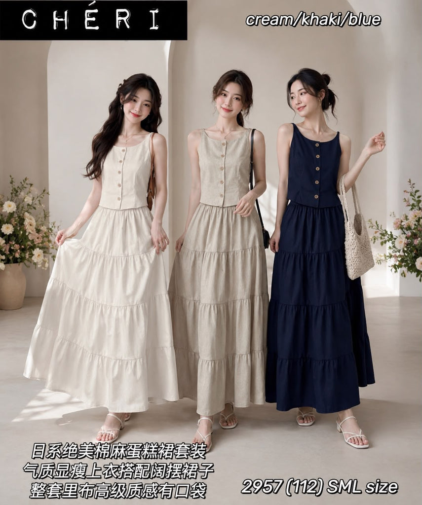 Premium Linen Layered Skirt Set Wear日系棉麻蛋糕裙套装 (CH) 2957