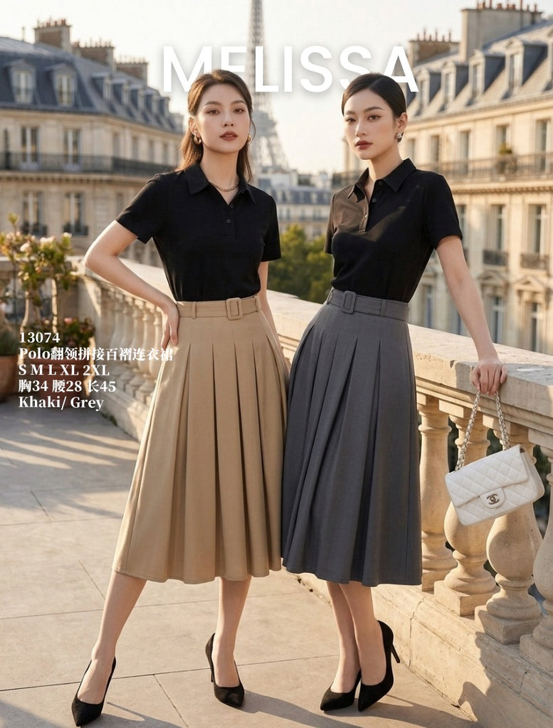 Premium Collared  Pleated OL Dress 翻领拼接百褶连衣裙 (ME.6) 13074