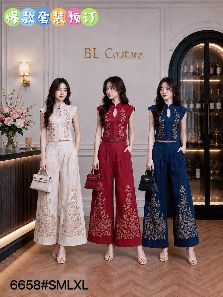 (Presale)Premium CNY Embroidery Cheongsam Set (预售)棉麻绣花新春长裤套装(BL) 6658